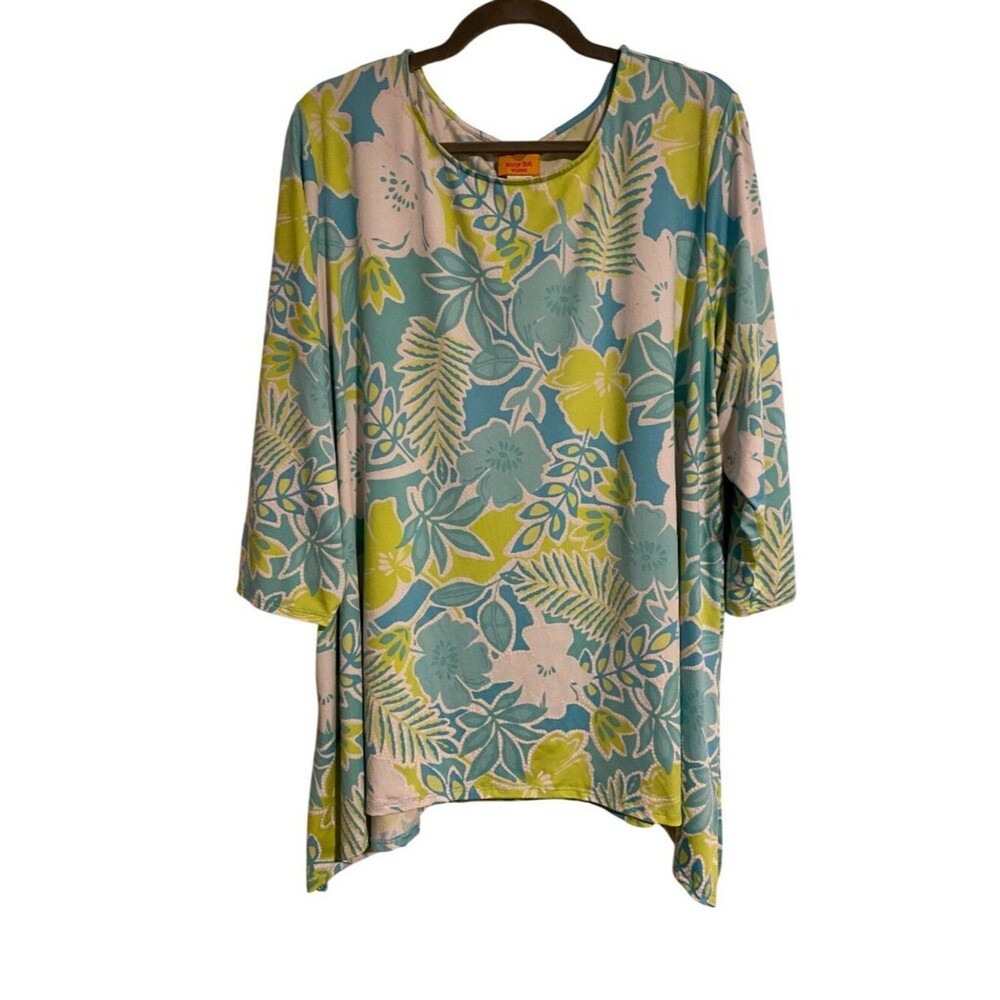 Ruby Rd Woman 3X Blue Green Tunic Top Floral Print 3/4 Sleeve Tropical Lagenlook